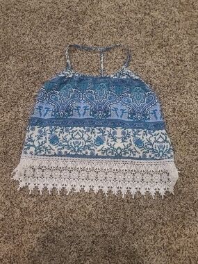 La Hearts Blue & White Printed Lace-Hem Halter Camisole